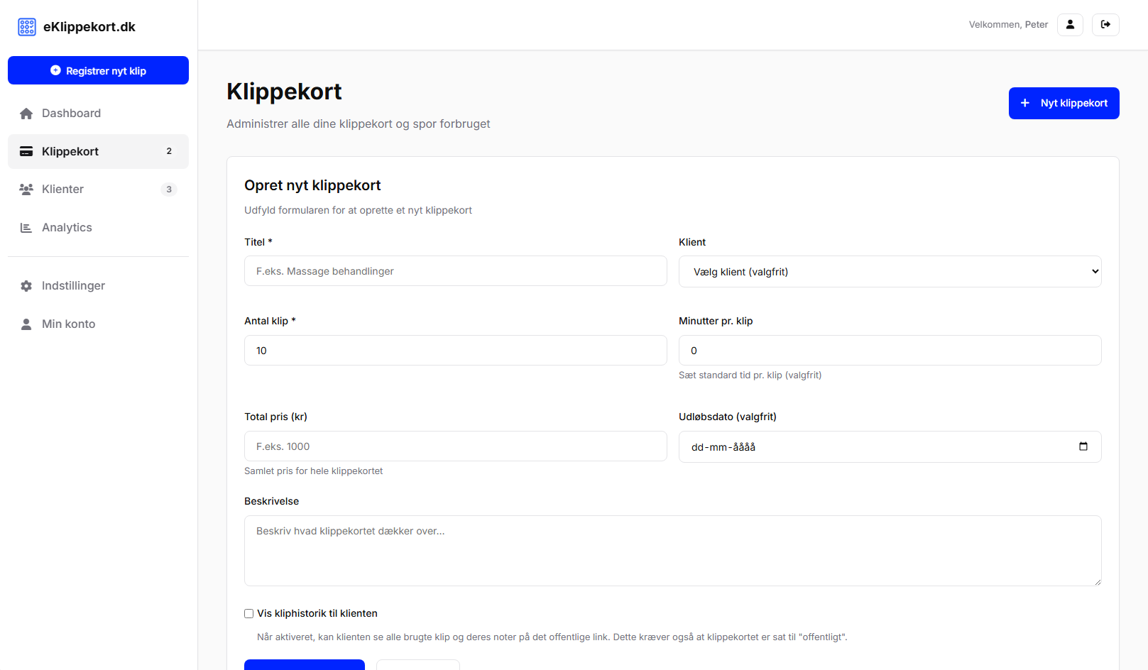 Klippekort administration